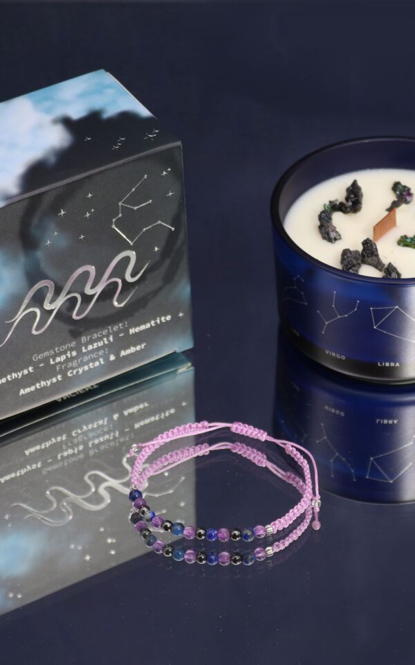 Zodiac Crystal Candle with Gemstone Bracelet - Aquarious