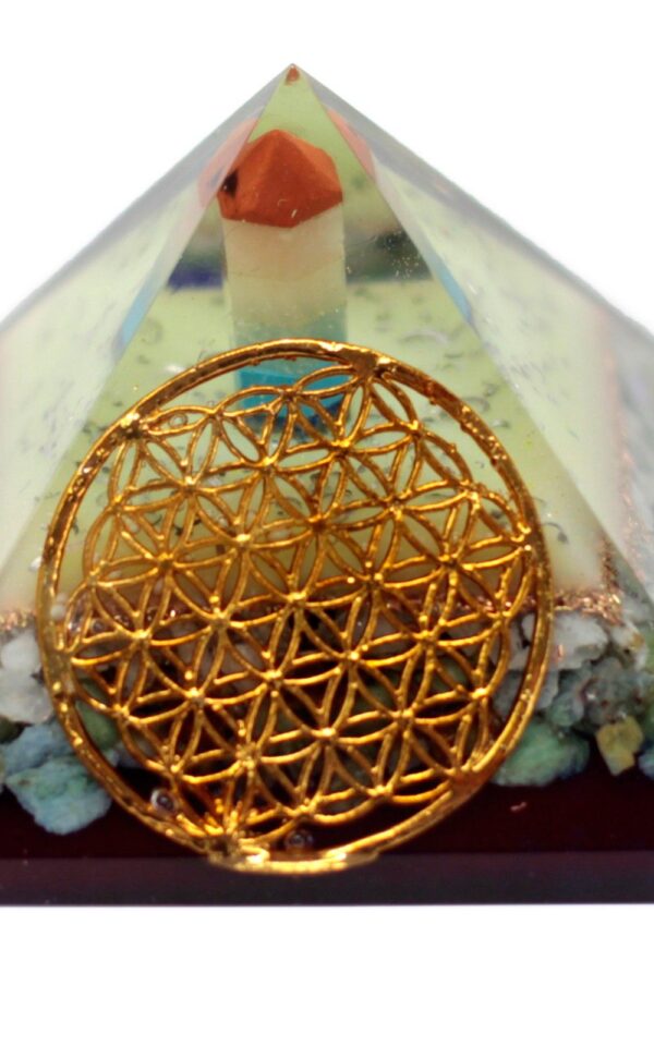 Lrg Organite Pyramid 80mm - Flower of life symbol