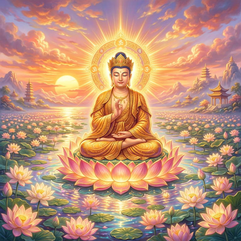 AMITABHA – THE UNBOUNDED LIGHT Buddha meditating on a glowing lotus flower surrounded by lotus pond and sunrise