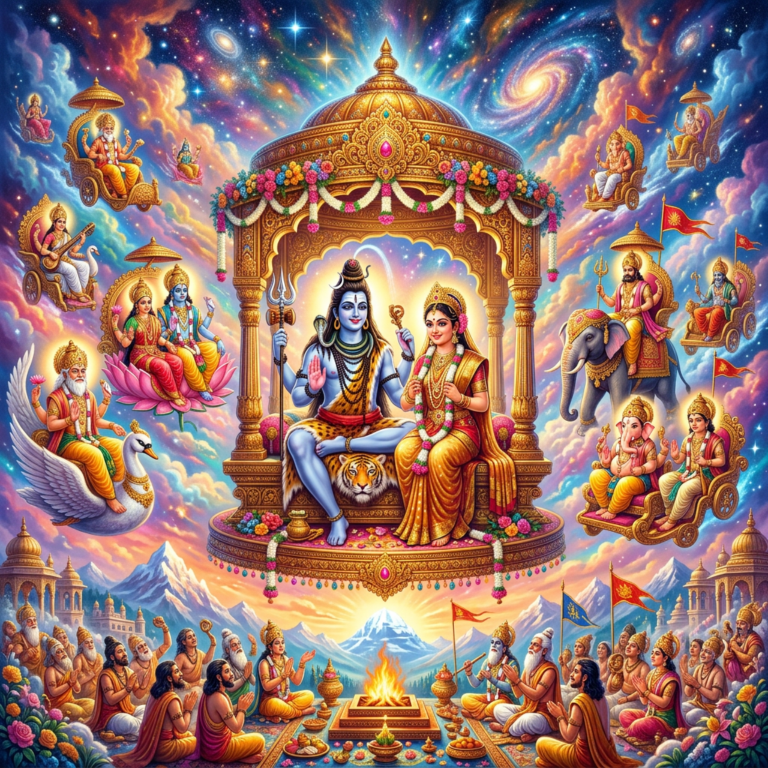 The Celestial Wedding of Goddess Parvati and Shiva Hindu gods Shiva and Parvati seated on golden throne surrounded by other deities and worshippers