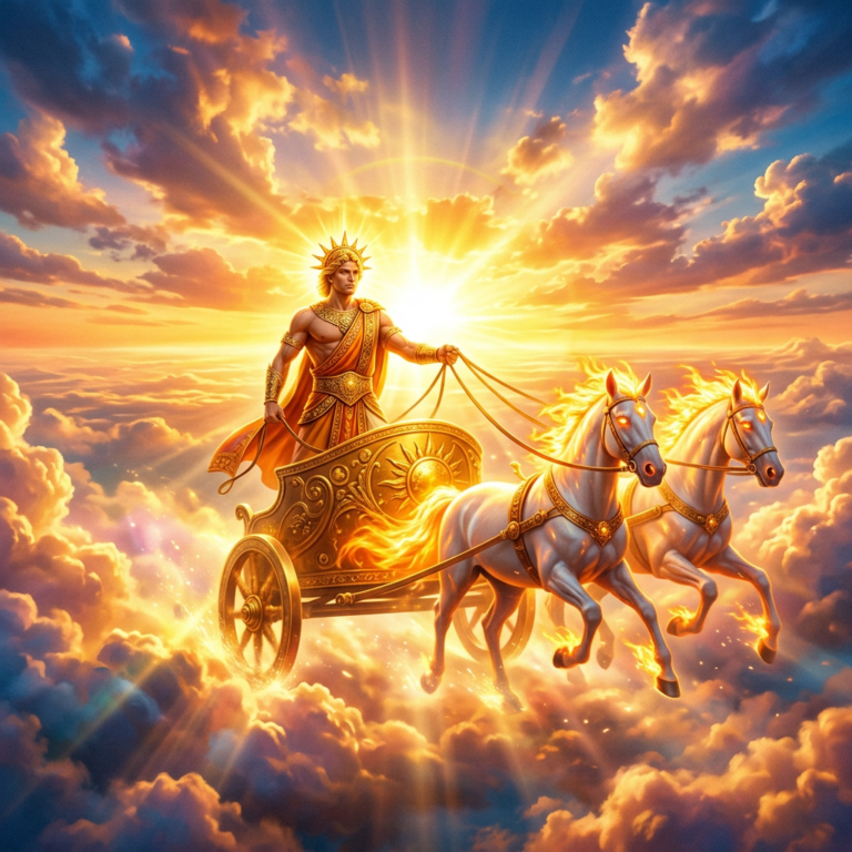 Ancient Myths of the Earth’s Formation Sun god with glowing crown steering chariot pulled by fiery horses among clouds