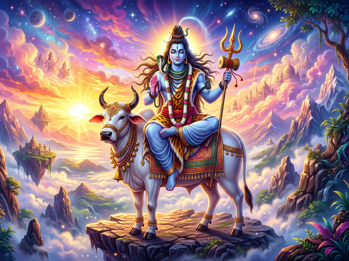 Shiva on Nandi at sunrise celestial abode