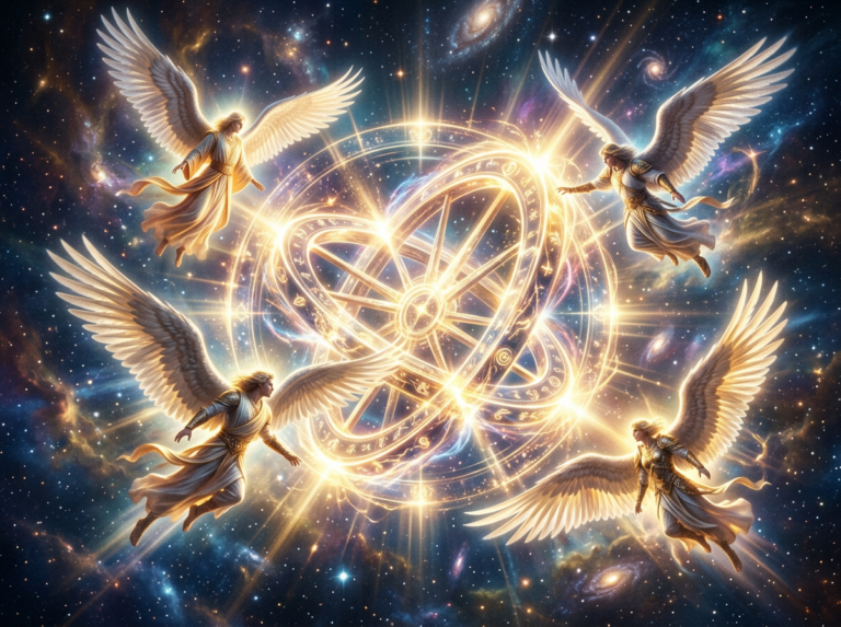 Human-Headed Winged Bull (Lamassu) Four angels with large wings flying around a glowing cosmic symbol in a starry space background