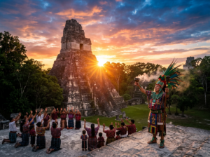 Venus – Star of the Mayanβs Mayan shaman leading a sunrise ceremony near Tikal pyramid with group kneeling
